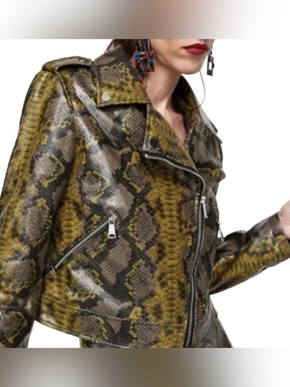 Zara Basics Faux Python Snakeskin Print Biker Moto Jacket Size XS